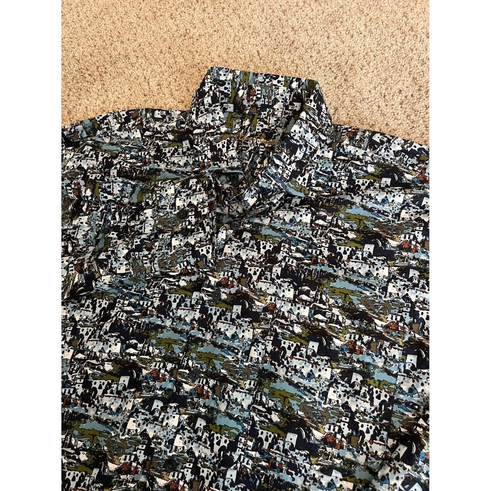 Alan Flusser Men Button Front Shirt XXL Blue Multi Scenic Village AOP Geometric